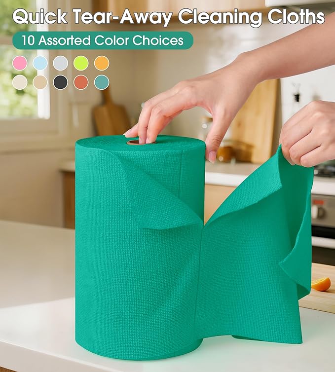 KitchLife Microfiber Cleaning Cloth Roll, 100 Pack - Tear-Away Microfiber Paper Towels, Lint-Free, Reusable, Washable for Kitchen, Car, Dishes, and Sensitive Surfaces (Emerald Green)