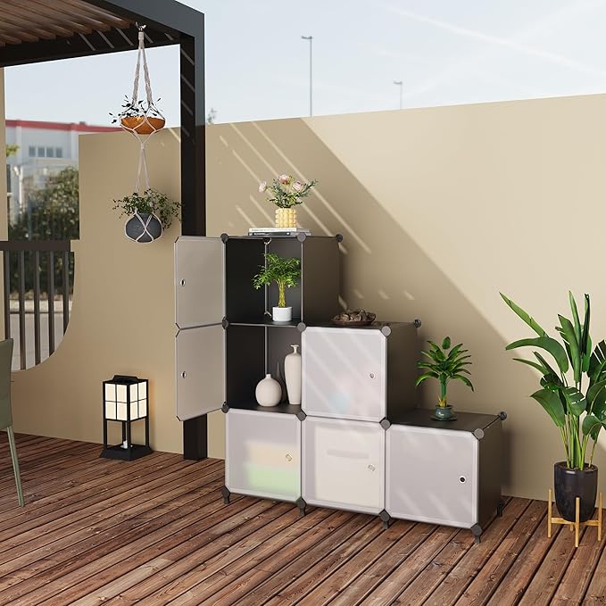 Cube Storage Organizer, 6-Cube Shelves Unit with Doors, DIY Stackable Plastic Clothes Organizer for Bedroom and Under Stairs Storage Unit, Each Compartment 30 x 30 x 30 cm Black ATTSL6001