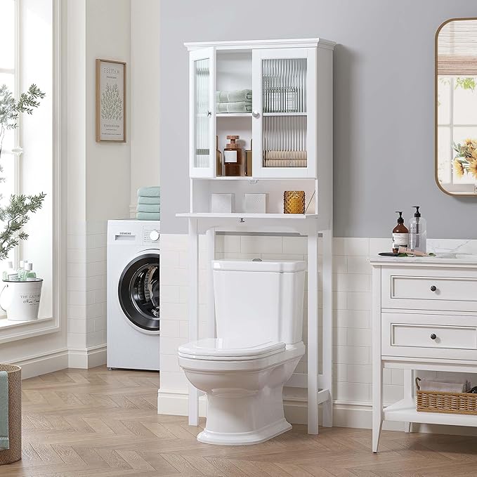 Spirich Over The Toilet Storage Cabinet with Muro Glass Doors, Over Toilet Bathroom Organizer with Tilt-Out Cube and Adjustable Shelf, White