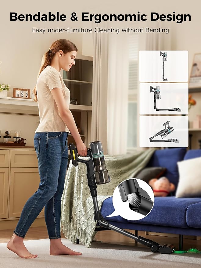 Proscenic Cordless Vacuum Cleaner, 550W 45KPA 55Mins Runtime, 180°Bendable Wand, Stick Vacuum with Green LED, Tangle-Free Brush, Rechargeable Lightweight Vacuum Cleaners for Home, Pet Hair, P16(Grey)