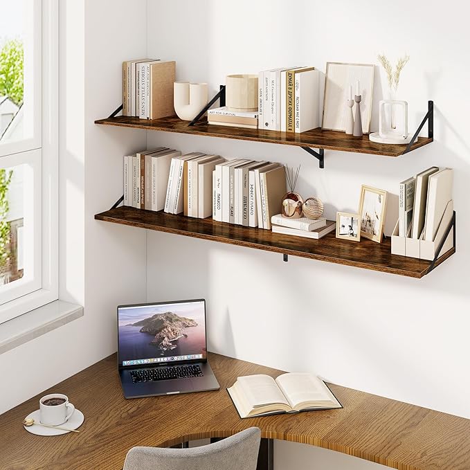 Fun Memories Floating Shelves for Wall, 12 Inch Deep Floating Shelves Set of 2, 48W x 12D Large Wall Shelf with Sturdy Metal Brackets for Living Room, Bathroom, Bedroom and Kitchen, Rustic Brown