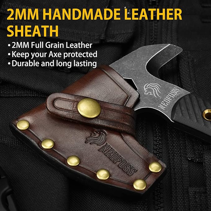 NedFoss Bison 9.8" Tactical Hatchet Axe, Tomahawk Hatchet with Genuine Leather Sheath and G10 Handle, Compact Camping Gear Bearded Axe, Multifunctional Survival Axe with Spike Tools, Camping Axe