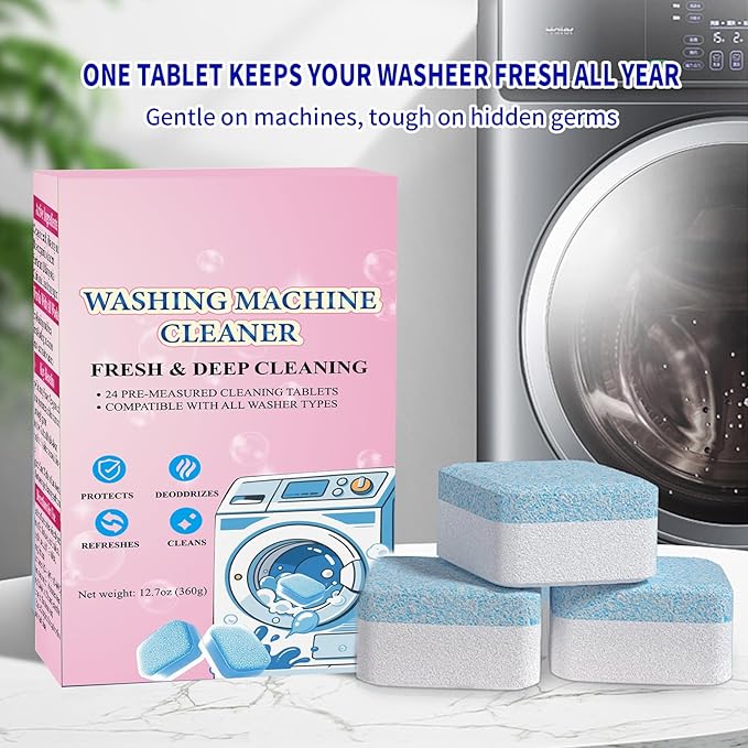 24-Pack Washing Machine Cleaner Tablets HE Front Load and Top Load Compatible Descaler Pods for Laundry Tub, Drum and Gasket Septic Safe, Fresh Scent (1-Year Supply)