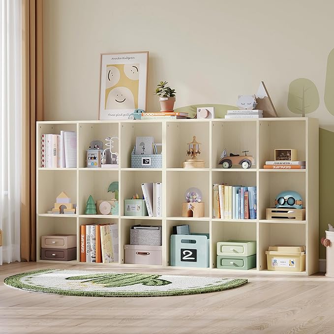 LINSY HOME Cube Storage Shelf, 3 Tier Floor Standing Book Shelf with Storage, Open Freestanding 9-Cube Bookcase Small, White Wooden Bookshelf for Home Office, Bedroom, White Oak