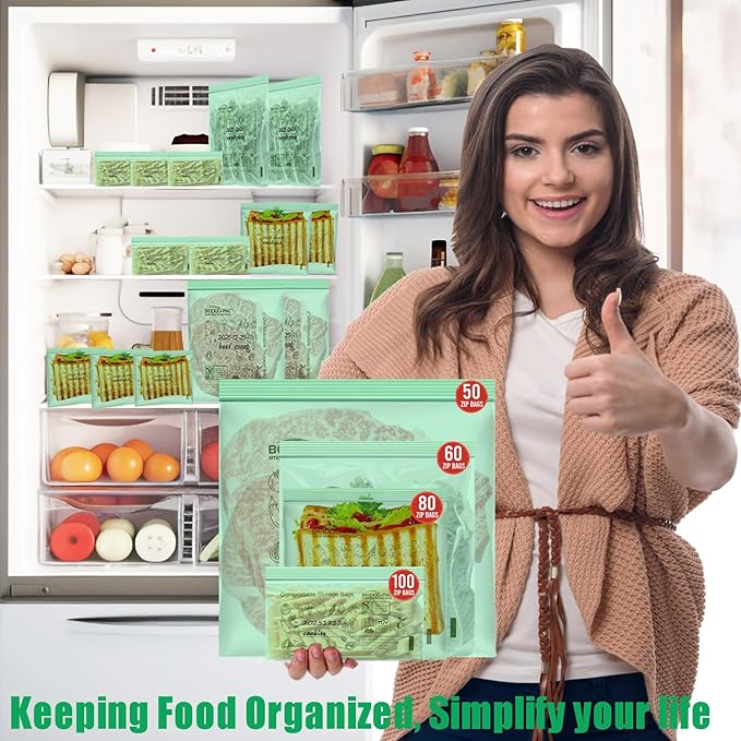 Compostable Sandwich Food Storage Freezer Bags, 80 Count | 2 Mil | 6.5 IN x 5.8 IN, Freshness Easy Open Reclosable Compost zip Bags