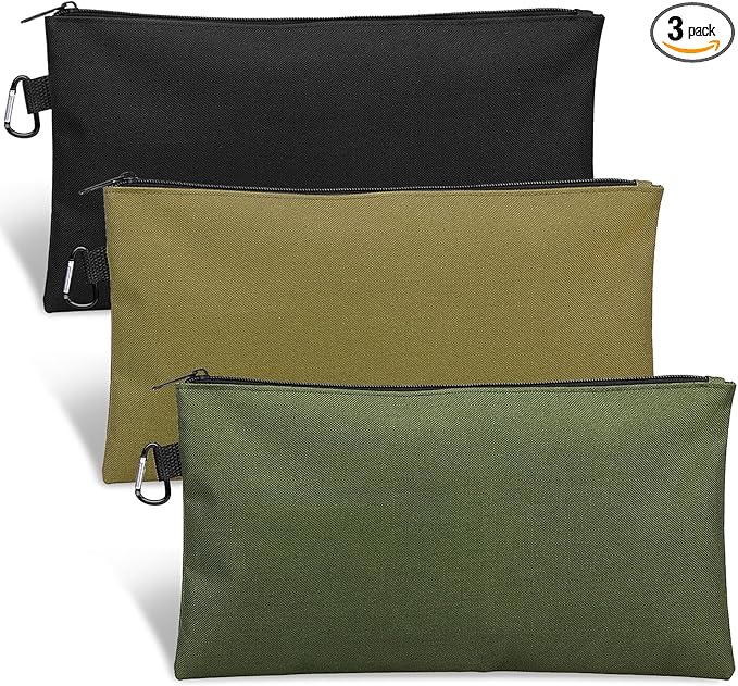 3 Pack Tool Bag Zipper Pouch, Premium Tool Pouch, Utility Multipurpose Storage Organizer Tool Pouches with Carabiner Metal Zipper for Tools, Stationary, Pencil Pouch (3 Pack, Tan, Navy Green, Black)