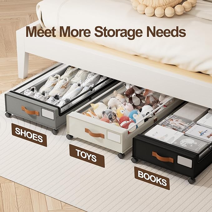 LAMU Under Bed Storage with Wheels, 4 Pack Under Bed Storage Containers with Clear Lid, XXL 60L Underbed Storage Bins, Rolling Under Bed Metal Drawers for Clothes, Blankets, Shoes, Black