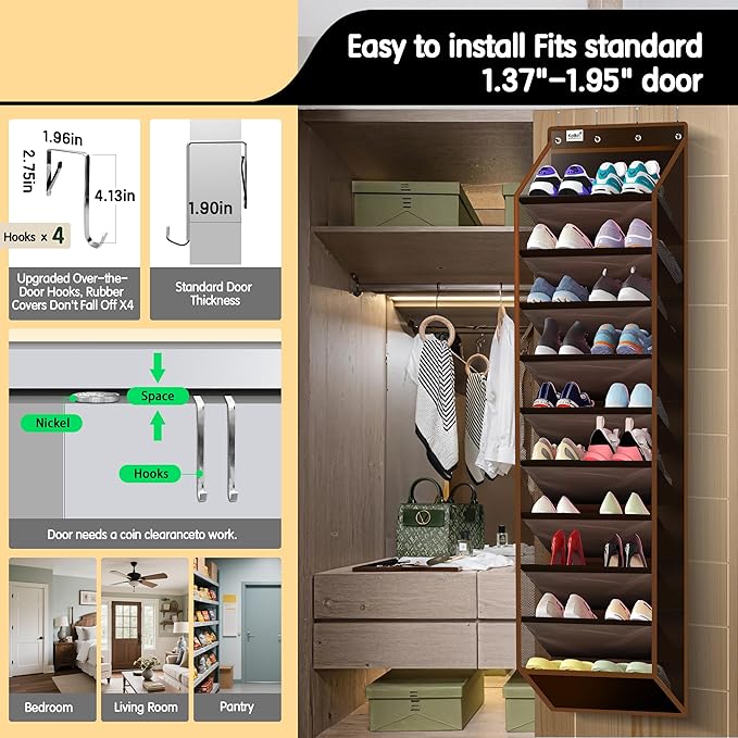 10 Tier Hanging Shoe Rack - Heavy Duty Behind The Door Hanging Shoe Rack, Sturdy Oxford Cloth, 20+ Pairs Over The Door Shoe Cabinet for Boots and Sneakers - Save 50% Closet Space! (Dark Curry)