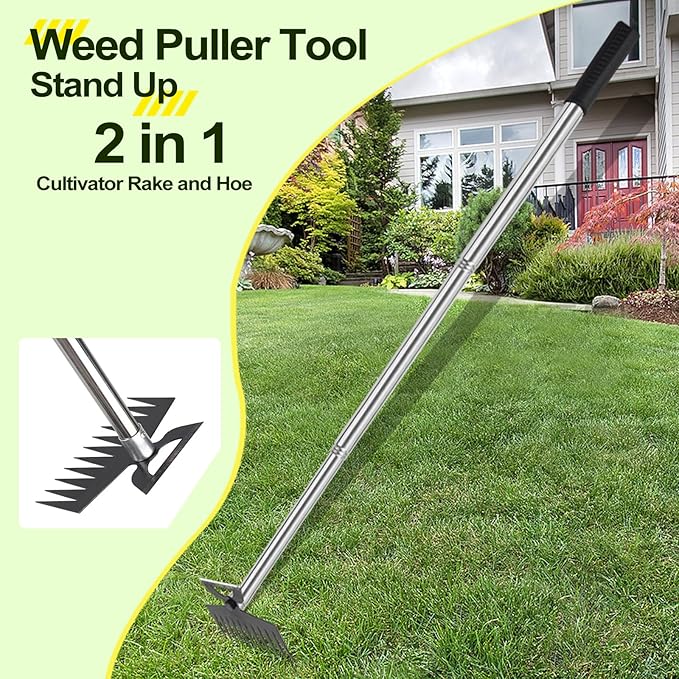 Weed Puller Picker Tool Scuffle Hoe Rake, Hand Tiller Small for Planting, Grass Weeder Dandelion Uprooting Remover, Standing Cultivator for Flower Garden Beds Lawns Yard Weeding and Leveling