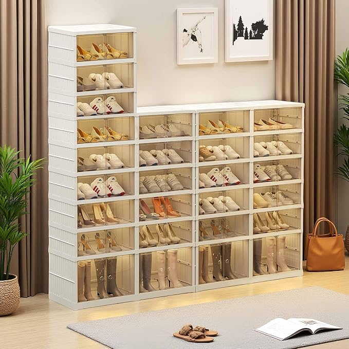 6 Tier 24 Pairs Large Shoe Rack Organizer with Doors, Foldable Collapsible Plastic Shelf, Stackable Storage Cabinet for Closet, Entryway, Hallway, Living Room - Easy Assembly