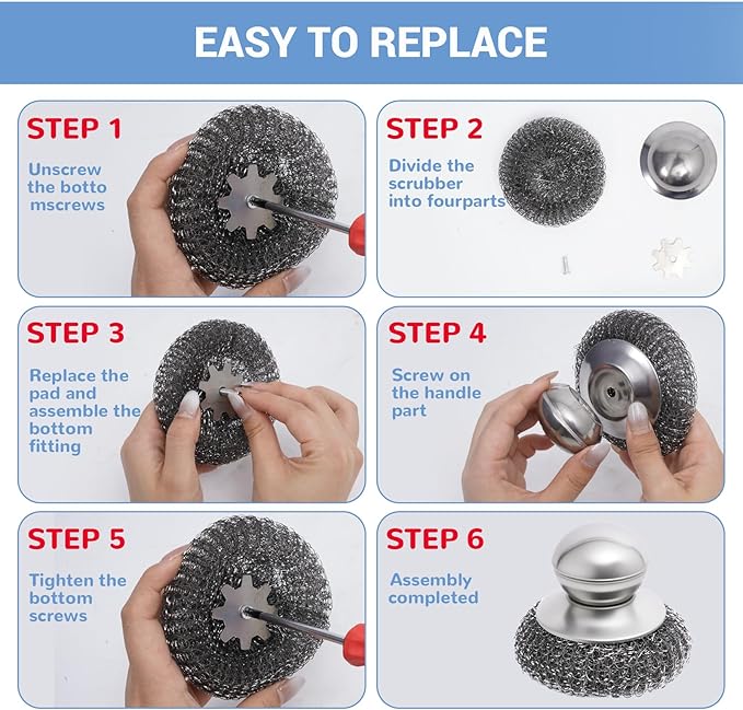 Steel Wool Scrubber with Handle, 5Pcs Stainless Steel Scrubber Set, Metal Pan & Pot Cleaner for Cast Iron, Grill, Stove, Oven, Sink, Stubborn Messes (1 Handle +4 Pads)