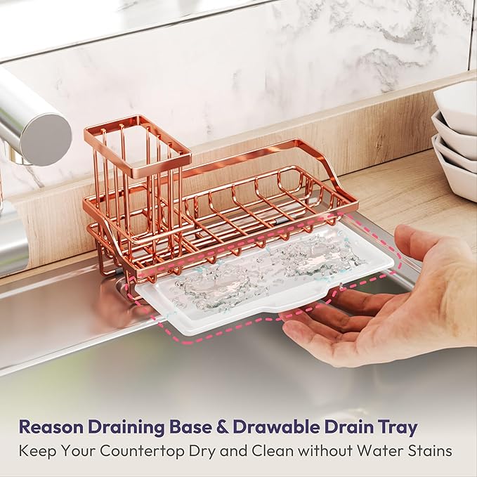 SWTYMIKI Sink Caddy Kitchen Sink Organizer with Detachable Brush Holder, Stainless Steel Sponge Holder with Removable Drip Tray Sponge Caddy for Kitchen Countertop, Rose Gold