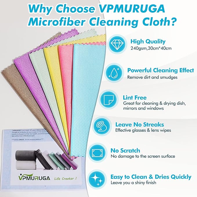 Streak Free Window Cleaning Cloth Miracle Microfiber Cloths for Glass,Kitchen,Counter,Mirror Lint Free Dish Drying Cloths Glass Polishing Rag,All-Purpose,Reusable,Fish Scale Nanoscale towel Pack of 12