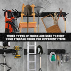 11Pcs Garage Wall Mount Tool Storage Rack - Adjustable Garden Tool Storage Hooks, Heavy Duty Utility Shed Organization Rack for Hanging Rake, Broom, Mower, Snowboard and Other Yard Tool