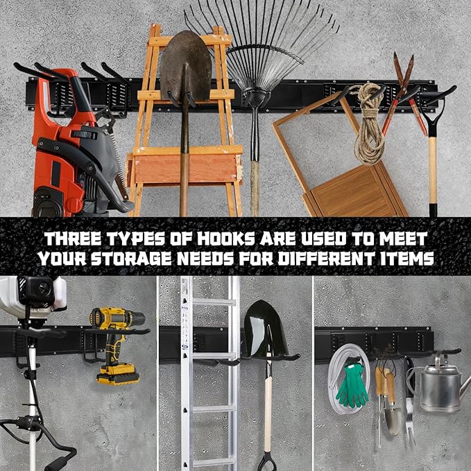 11Pcs Garage Wall Mount Tool Storage Rack - Adjustable Garden Tool Storage Hooks, Heavy Duty Utility Shed Organization Rack for Hanging Rake, Broom, Mower, Snowboard and Other Yard Tool