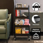 elabo 4-Tier Metal Mesh Utility Rolling Cart, Storage Organizer Trolley Services Cart with Lockable Wheels for Kitchen, Bathroom, Living Room (Black)