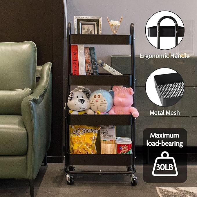 elabo 4-Tier Metal Mesh Utility Rolling Cart, Storage Organizer Trolley Services Cart with Lockable Wheels for Kitchen, Bathroom, Living Room (Black)