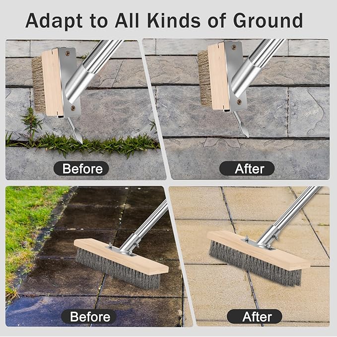Metal Cleaning Brush, Moss Brush for Rough Surface with Long Handle, Floor Concrete Scrub Stiff Bristle, a Crack Weeder for Moss, Tough Stains on Concrete Grout Garden Garage Patio Pool