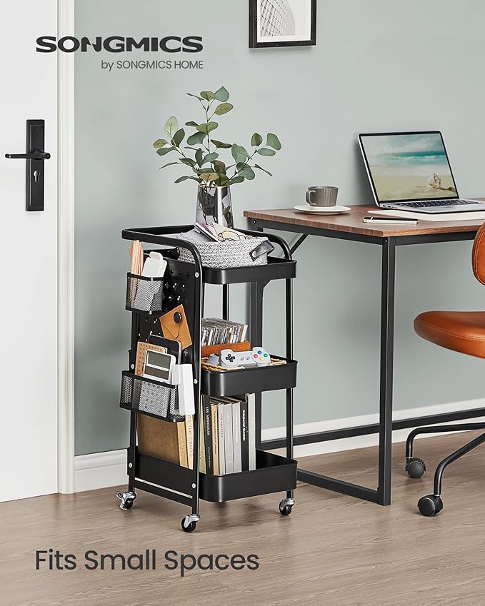 SONGMICS 3-Tier Storage Cart, Rolling Utility Cart, Metal Mesh Shelves, 2 Removable Pegboards, 2 Hanging Holders, 4 Hooks, Craft Cart for Living Room, Kitchen, Office, Bathroom, Ink Black ULRC037B01