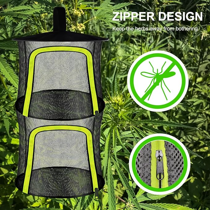 2 Layer Herb Drying Rack, Small Herb Drying Rack Hanging Mesh, Foldable Fish Drying Net with U-Shaped Zipper, Hooks, for Drying Herbs Plants, Flowers, Fruits, Food, Camping(2 Layers-11.81'')