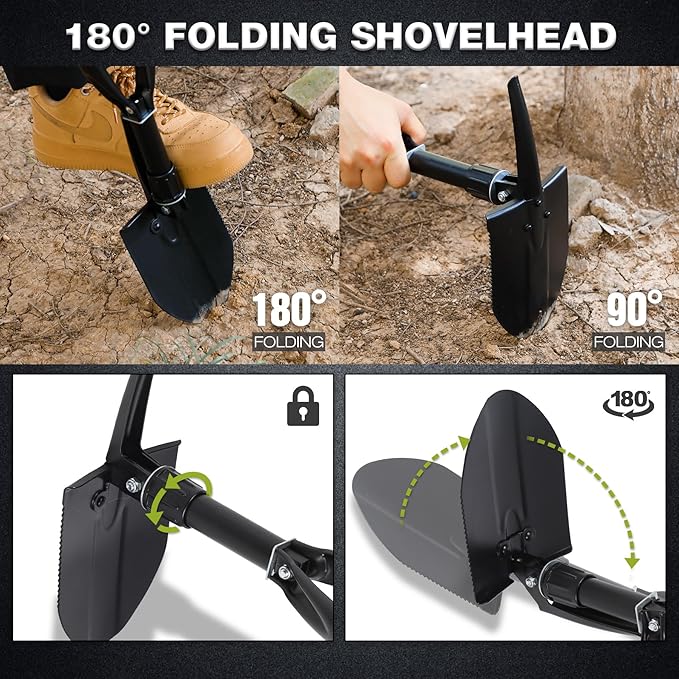 REDCAMP 18" Mini Survival Folding Camping Shovel with Cover, Manganese Steel Tri-Fold Handle Portable Tactical Shovel for Hiking, Beach, Mud, Snow, Lightweight 1.5Lbs Black