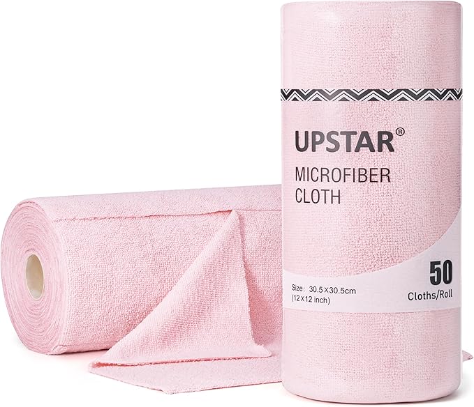 UPSTAR Microfiber Cleaning Cloth, Reusable Paper Towels Rolls, Dish Rags for Washing Dishes, Kitchen, Bathroom, Car, 12x12 inch, 50 Packs/Roll, Pink
