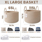 JMvicyroam 115L Extra Large Blanket Basket for Living Room - Woven Cotton Rope Laundry Hamper with Reinforced Handles - Storage Bin for Pillows, Comforters & Toys - Machine Washable,Oatmeal