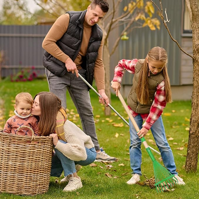 2Pcs Kids Rake Garden Tool Set Toy,Child Size Lawn Small Rakes and Garden for Leaves,Wooden Gardening Toy Rakes with Detachable Handles Outdoor Toys Gift for Boys and Girls (Green+Yellow)