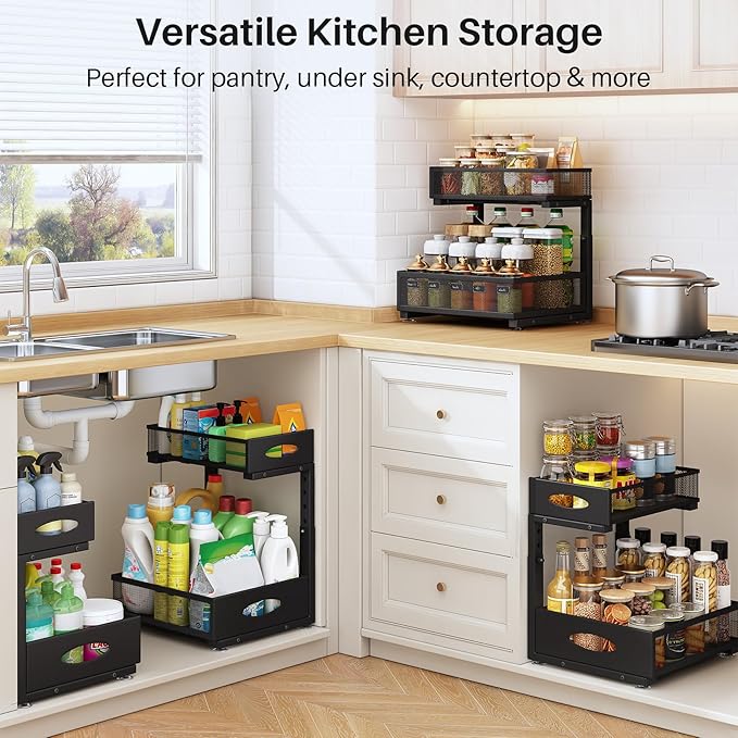 Under Sink Organizer, 2 Tier Pull Out Under Cabinet Organizer Shelf with Pad for Framed Cabinets, Metal Slide Out Under Sink Storage, Mesh Sliding Drawers for Kitchen Bathroom Laundry(Black, 1 Pack)