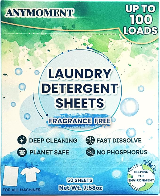 Anymonent Laundry Detergent Sheets (100 Loads) – Powerful Enzyme Formula, Deep Clean & Quick Dissolve, Fresh Scent, Eco-Friendly & Sensitive Skin Safe – 50 Sheets