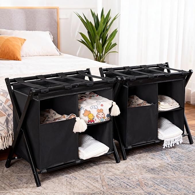 Heybly Luggage Rack with Laundry Bag,Pack of 2,Steel Folding Suitcase Stand with Storage Shelf for Bedroom, Hotel, Foldable Steel Frame, Black,HLR006B2