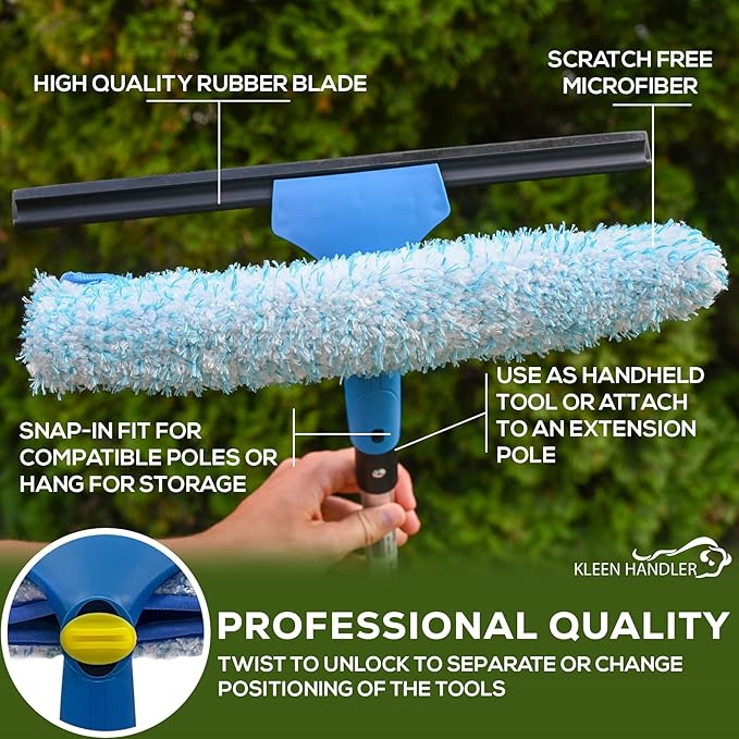 Kleen Handler 3 Pack Professional 14” Window Washing Squeegee, 2-in-1 Window Cleaning Tool, Scrubber and Squeegee Combo, Glass Shower Bathroom Car Pro Window Cleaner (Pack of 3)