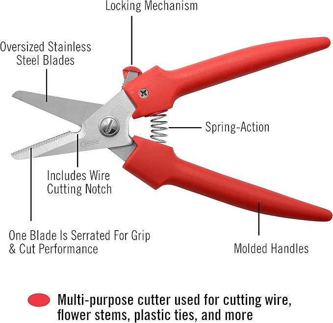 Clauss Spring-Action Stainless Steel Wire Cutters / Pruning Shears For Gardening, Red, 7.5’’ (33503)