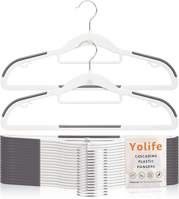 Yolife Cascading Plastic Clothes Hangers 10 Pack with Inner Hook for Vertical Storage, Slim Space Saving Hangers with Non-Slip Pads, 360° Swivel Metal Hook, Versatile, White & Gray