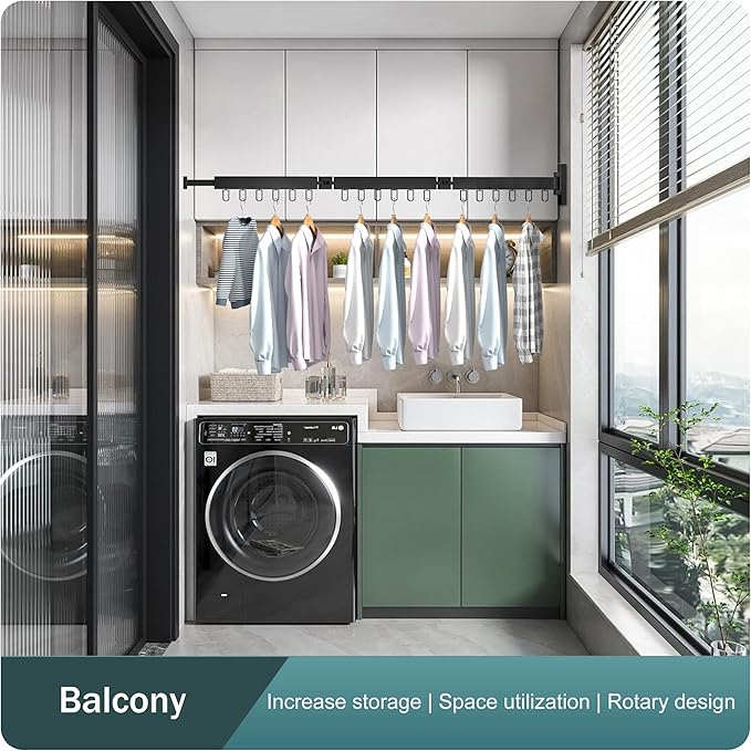 Clothes Drying Rack,Wall Mounted Space-Saver,Retractable,Collapsible, Strong Load-Bearing,ing Rack Clothing,Laundry Drying Rack（Windproof Ring, Three Pole）