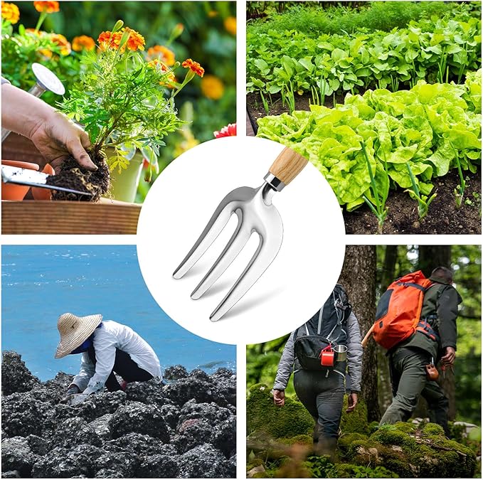 Metal Hand Cultivator Garden Tool with Wooden Handle，Manual Pitch Fork，Weed Digger Hand Tool (StyleC- 3 Pointed)