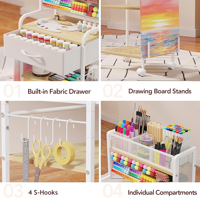 Art cart, 3 Tier Rolling Cart - Utility Cart with Storage Drawer and Wheels, Versatile Art & Craft Organizer for Home, Office, or Studio Ideal for Storing Brushes, Paints （ White）