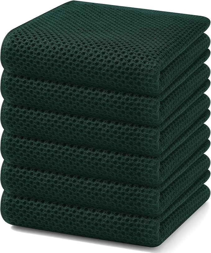 Homaxy 100% Cotton Waffle Weave Kitchen Dish Towels, Ultra Soft Absorbent Quick Drying Cleaning Towel, 13 x 28 Inches, 6-Pack, Blackish Green