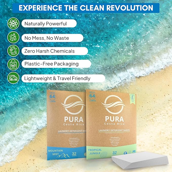 Laundry Detergent Sheets - Ultra Concentrated & Hypoallergenic - Deep Clean, Safe for Sensitive Skin, Plastic-Free & Non-Toxic - Works in Hot & Cold Water - (64 Loads 32 Sheets) - Tropical Jungles