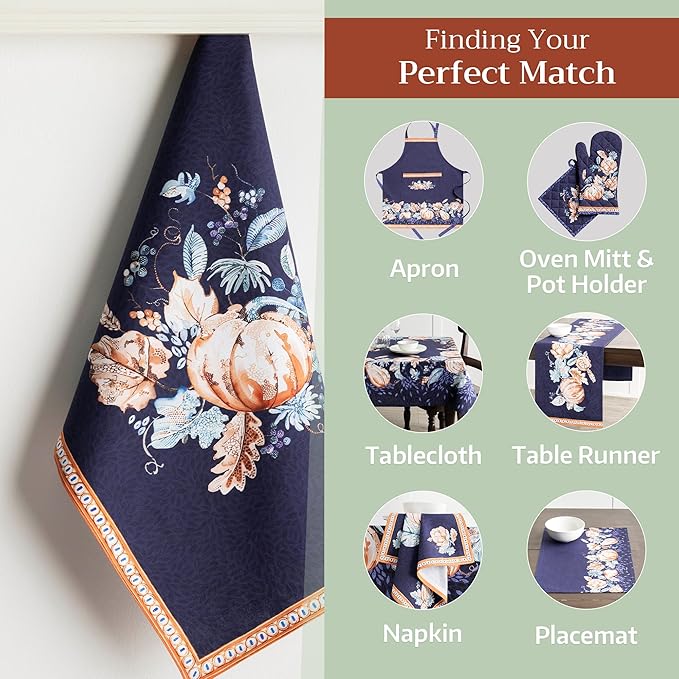 Maison d' Hermine Kitchen Towels Set of 3 100% Cotton 27.50" x 20" Reusable Cloth Tea Dish Towels Absorbent with Hanging Loop for Kitchen, Home, Dining, Cocktail Parties (Pumpkin Blues)
