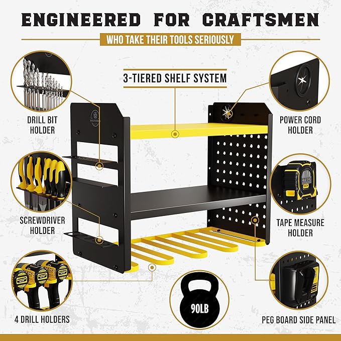 Power Tool Organizer Wall Mount - 3-Tier Heavy-Duty Metal Hand Tool Storage Rack, Utility Racks, Drill Holder, PegBoard Side, & More - Garage Storage Cordless Tool Organizer (Yellow)