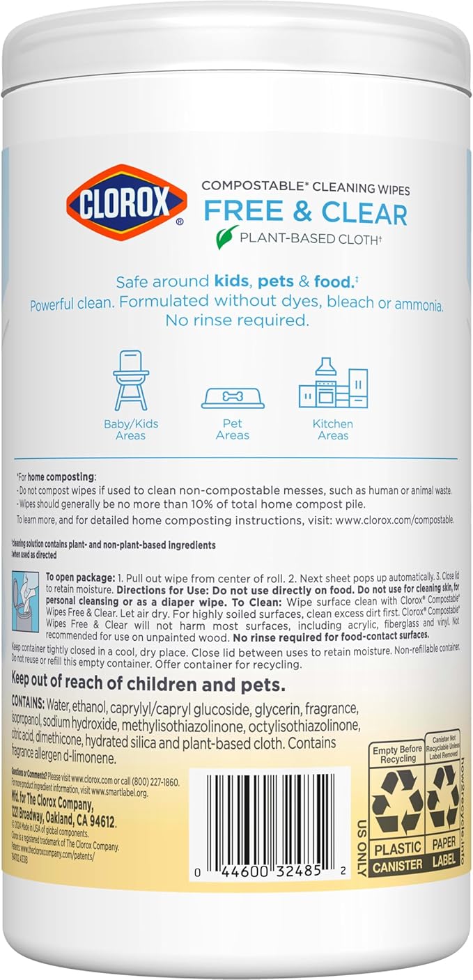 Clorox Free & Clear Cleaning Wipes, Light Lemon Scent, 75 Count, Pack of 3 (Pack May Vary)