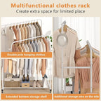 Laiensia Double Rods Garment Rack with Wheels, Clothing Rack for Hanging Clothes,4 Hooks, Multi-functional Bedroom Clothes Rack, White