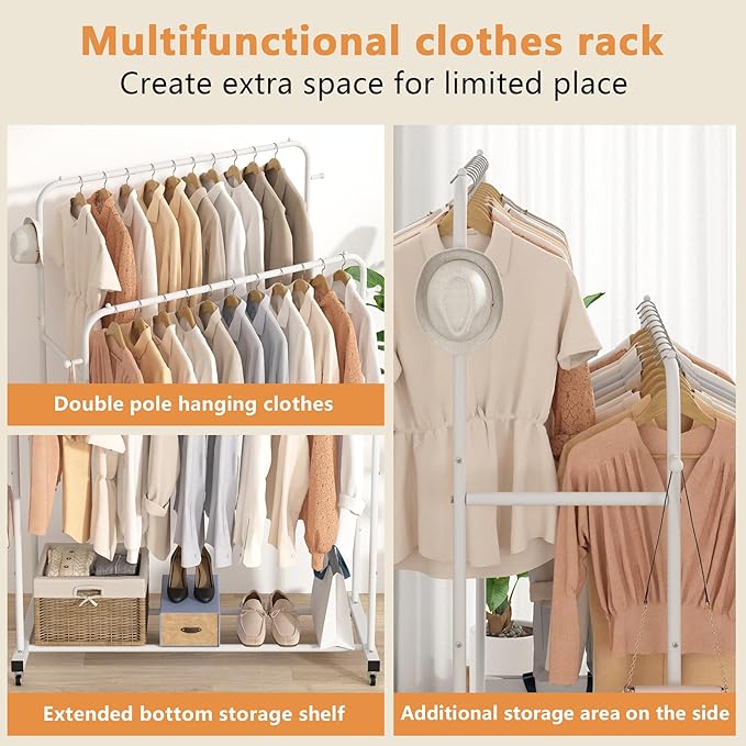 Laiensia Double Rods Garment Rack with Wheels, Clothing Rack for Hanging Clothes,4 Hooks, Multi-functional Bedroom Clothes Rack, White