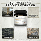 MB-20 Granite Polishing Kit Professional Grade Stone Restoration Bundle Includes 8.5oz Polishing Cream, 2x Hogs Hair Pads, Backing Plate with Drill Adapter & 2x Microfiber Towels