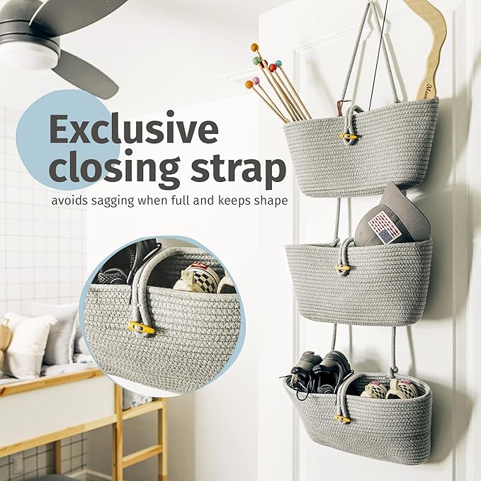 OrganiHaus 3-Tier Hanging Organizer, Gray Cotton Rope Baskets for Wall or Door – Boho Nursery & Home Storage