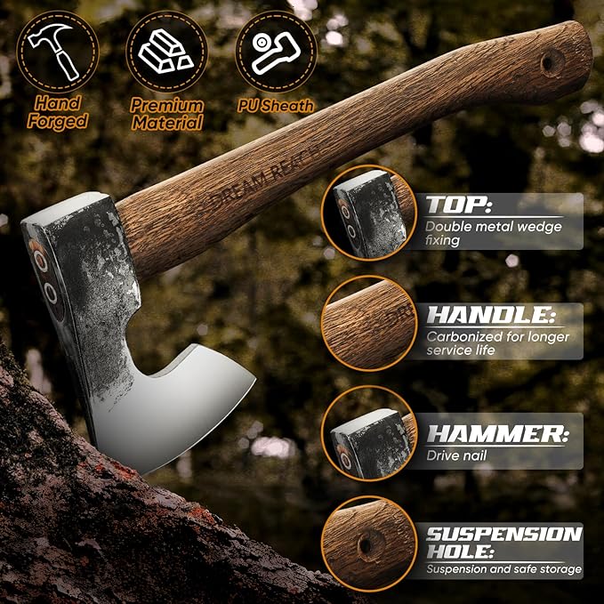 Dream Reach 14.5"" Camping Hatchet with Sheath, Bushcraft Axe with Carbonized Handle, Hand Forged Carving Axe, Splitting Hatchet for Chopping Wood, Gardening, Black