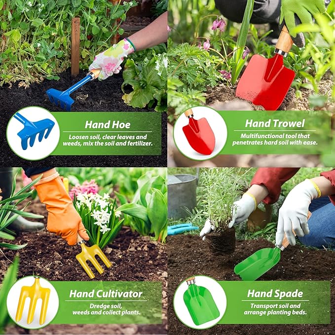 Metal Garden Tool Set with Scoop Leaf Rake Weed Fork Hoe Sand Toy for Kids Adults, Toddler Beach Sandbox Shovels Kit, Beach Garden Gear Accessories Gift for Outdoor Digging Treasure Hunt(4PCS)