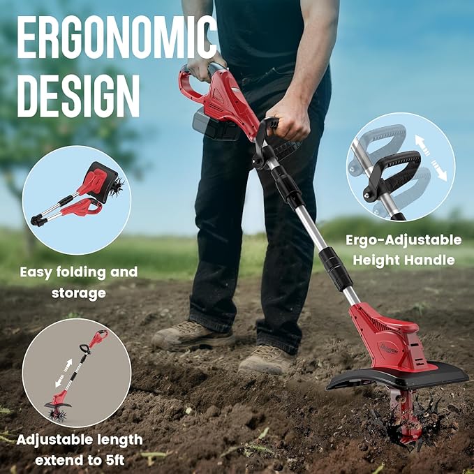 Cordless Tiller Cultivator Compatible with Milwaukee 18V Battery(Tool Only), Folding Electric Rototiller for Garden with 40 Steel Tines 310RPM, 9.1in Tilling Width and 6.3in Depth