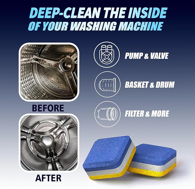 Washing Machine Cleaner Tablets 70 Pack for HE Front Load - Eco Friendly Washer Cleaning Tablets Formula - Pets Hair & Smell Solution - Septic Safe Descale Deodorize Protect - 1 Plus Year Supply